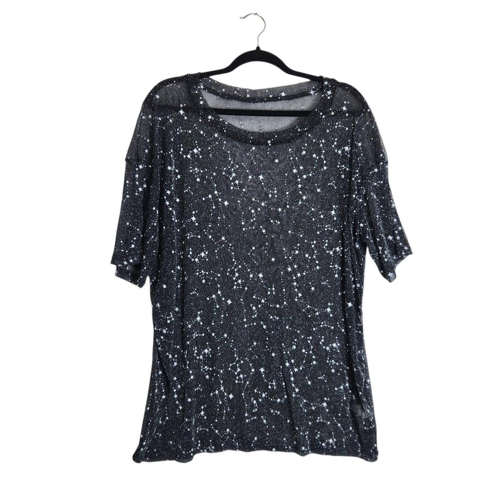 Black Star Print Sheer Mesh Metallic Knit Tee XXL Celestial Oversized Top